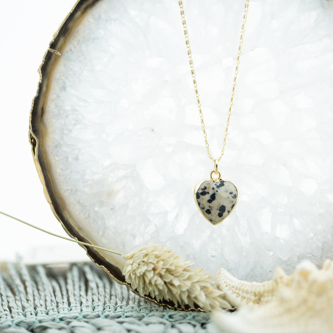 Goud ketting met dalmatian jasper hart