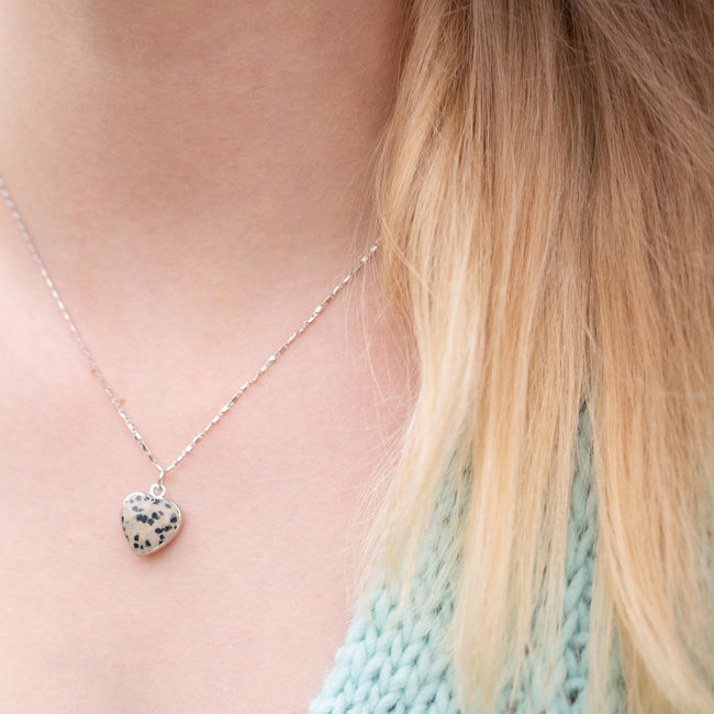 Biba Zilverkleur ketting met dalmatian jasper hart