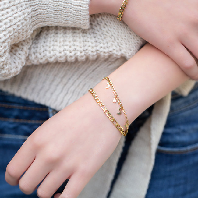 Day & Eve  Goud schakelarmband met maan en sterren
