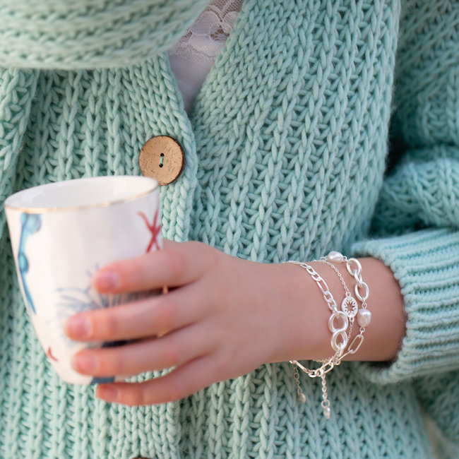 Biba Matzilver armbanden met schakels, munt en parels