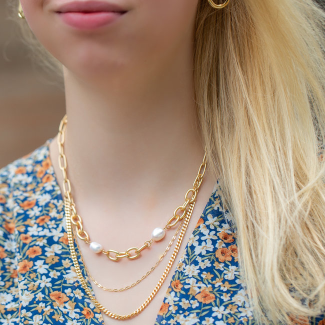 Biba Driedubbele ketting met parels en schakels