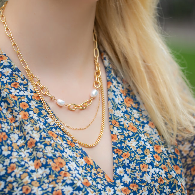 Biba Driedubbele ketting met parels en schakels