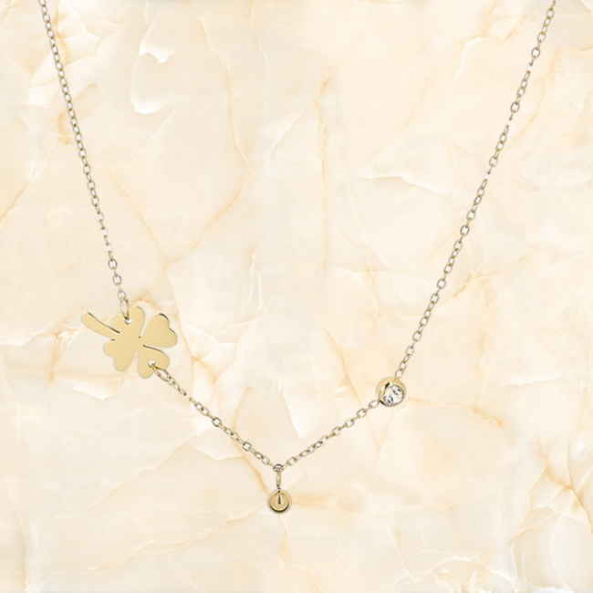 Gouden ketting met klaver en steentje