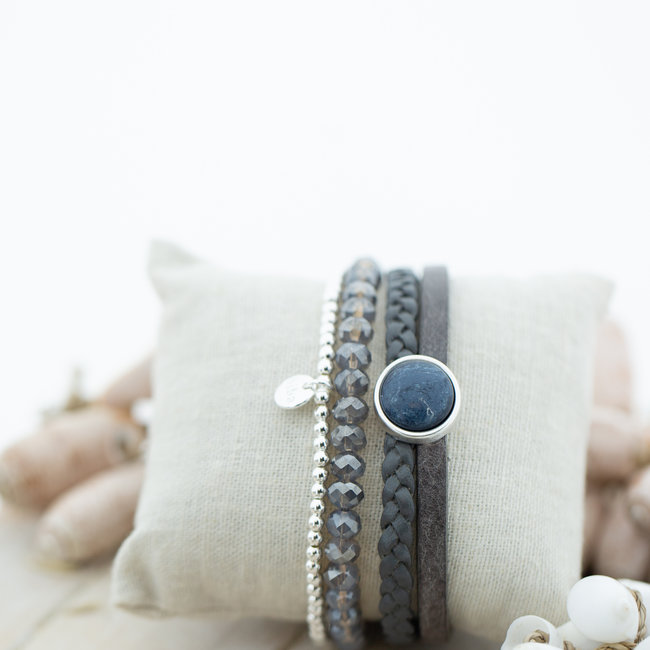 Beadle Leren blauw grijze armband set