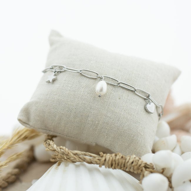 Beadle Zilver schakelarmband met parel