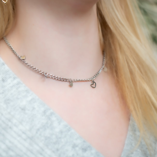 Schakelketting met verschillende hartjes zilverkleurig