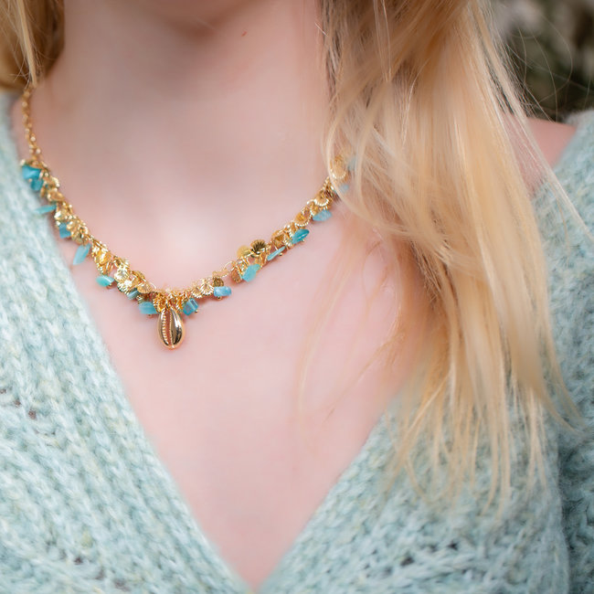 Biba Gouden Koraal ketting turquoise en schelpjes