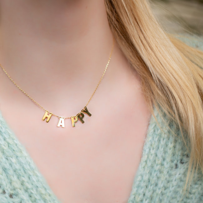 Happy quote ketting goud