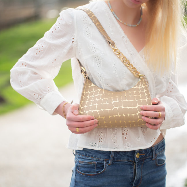 Taupe goud statement tas met schakels