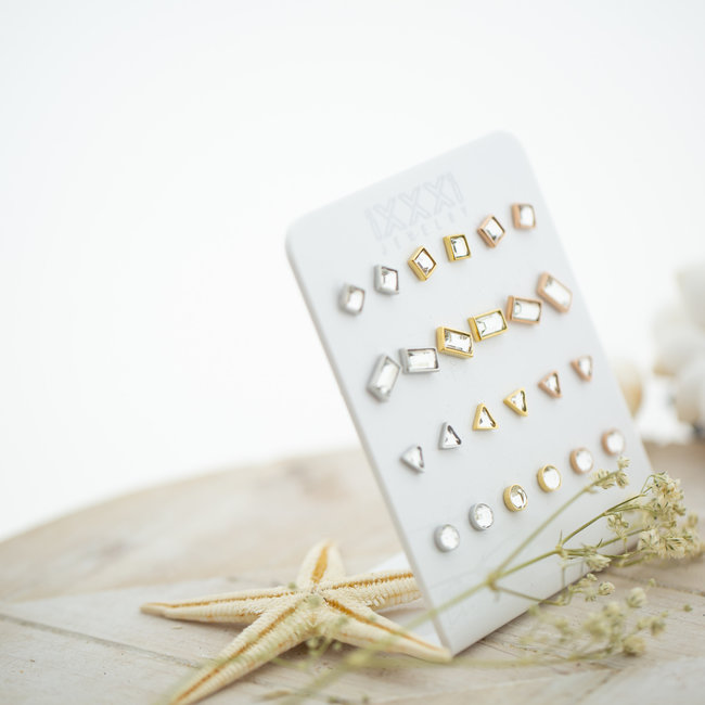 Earstuds rond, vierkant, rechthoek of driehoek facet steen zilver