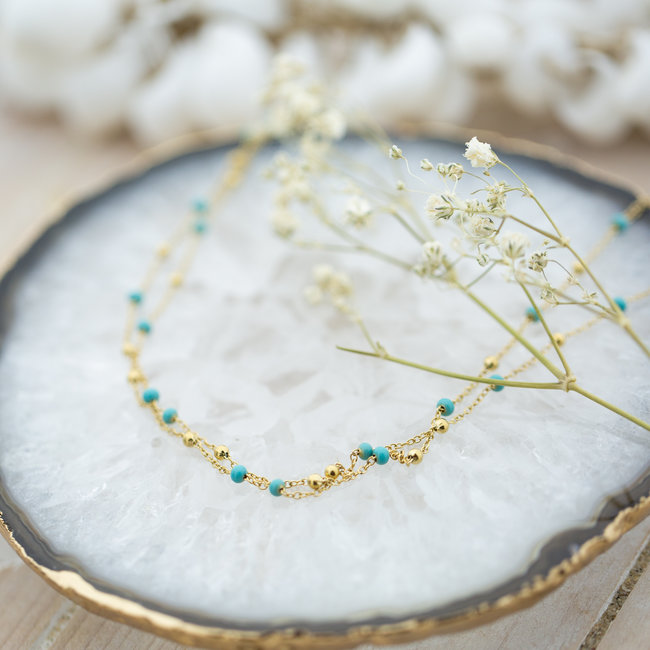 ZAG  Bijoux Turquoise ketting met bolletjes goudkleurig