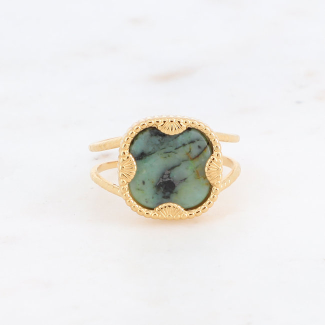 Bohm Paris Goudkleurige boho ring met klaver in turquoise