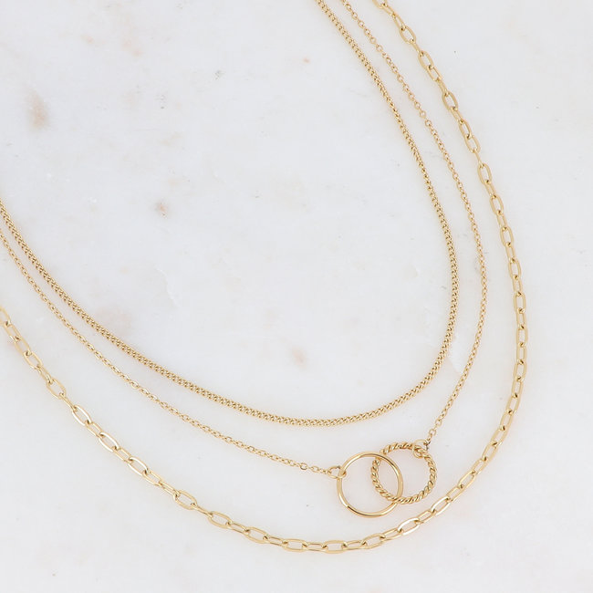 Goud schakelketting met ringen of hart
