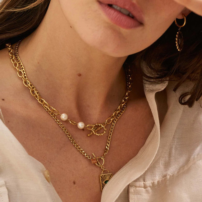 Goud schakelketting met parels