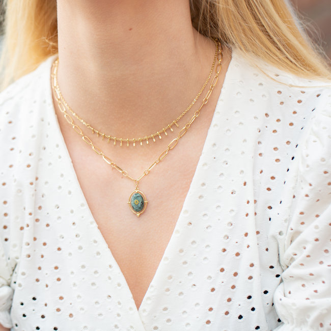 Ikita  Goud dubbele ketting met turquoise steen