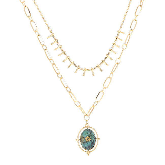 Ikita  Goud dubbele ketting met turquoise steen