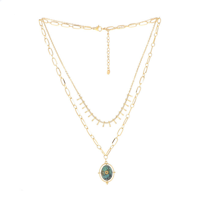 Ikita  Goud dubbele ketting met turquoise steen
