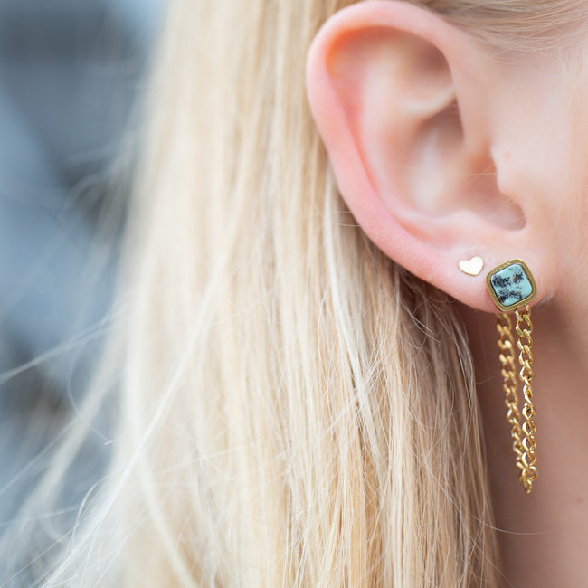 vierkante turquoise steen oorbellen met ketting