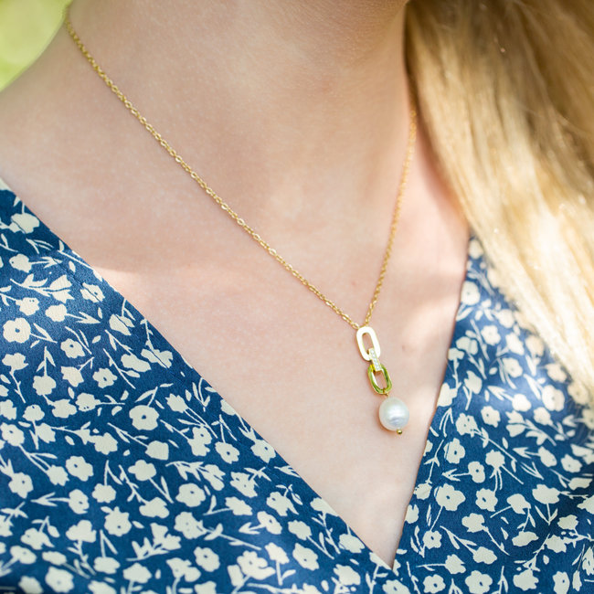Ikita  Goud ketting met schakels en parel