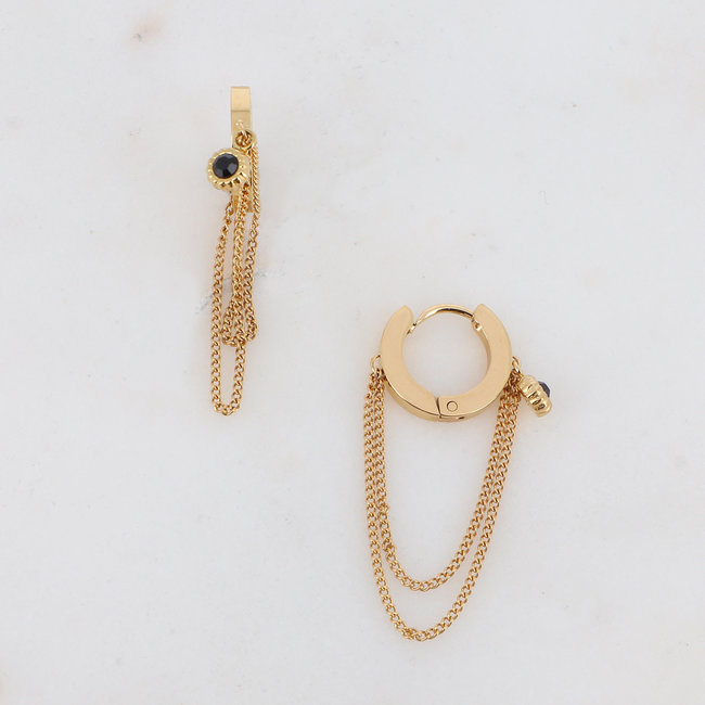 Bohm Paris Goud creool met dubbele ketting en zwart zirkonia steentje