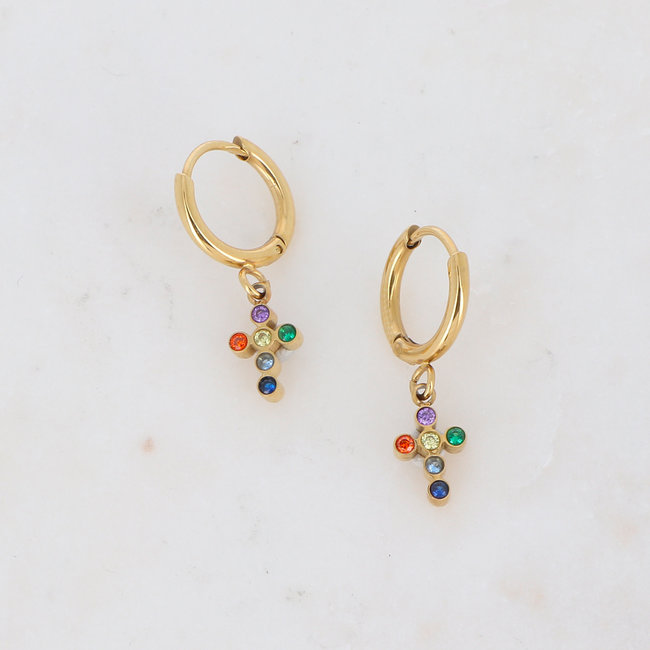 Bohm Paris Goud creool oorbellen met kruis en regenboog crystal