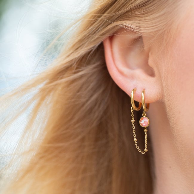 Goud dubbele creool oorbellen met swarovski steentje blauw