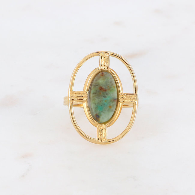 Goud stalen ovaal ring met turquoise steem