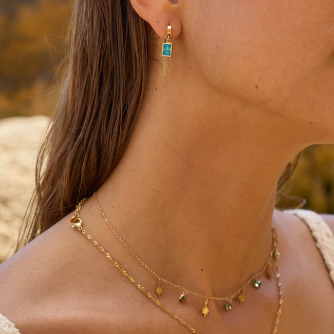 Bohm Paris Goud creool met dubbele ketting  en turquoise steen