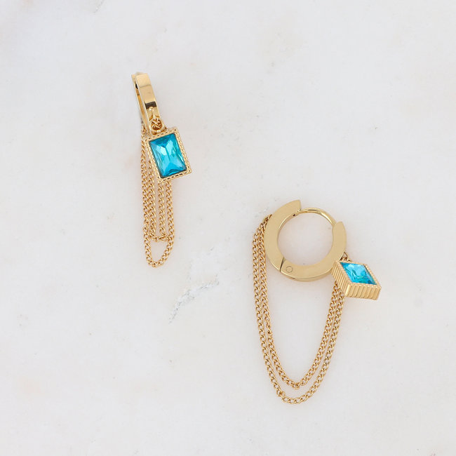 Bohm Paris Goud creool met dubbele ketting  en turquoise steen