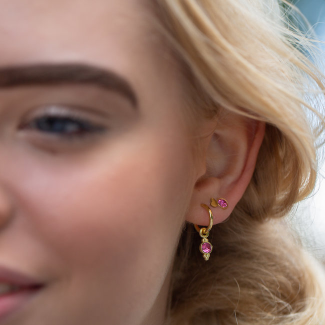 Biba Biba gouden oorringen met een crystal steen in lila en donkerroze