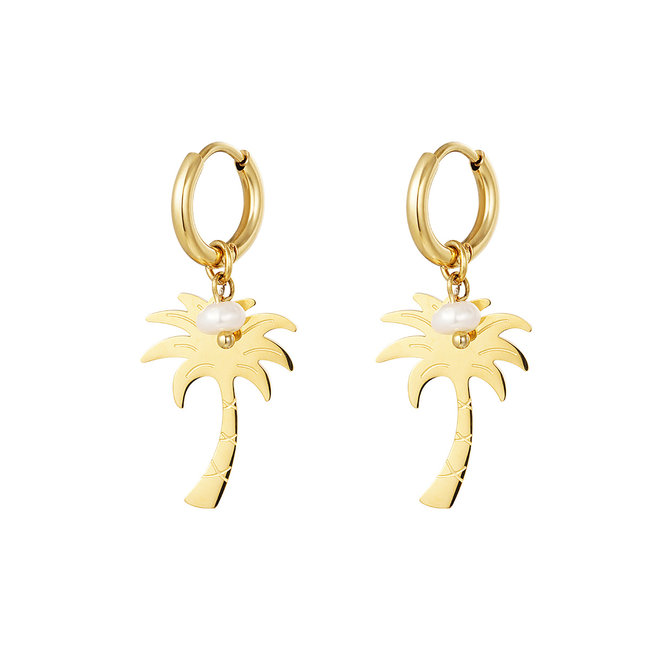 Goud palmboom oorbellen met witte parel