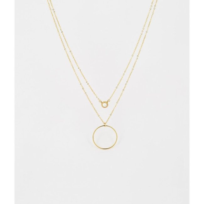 Dubbele ketting met cirkel en turquoise steentje goud