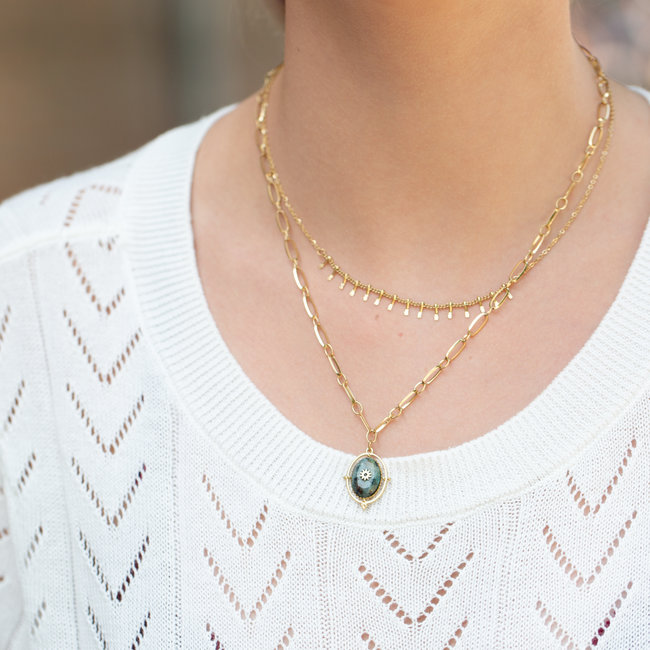 Ikita  Goud dubbele ketting met ovaal steen
