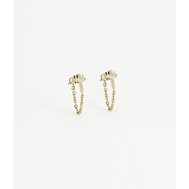Trendy oorbellen met ketting onderlangs