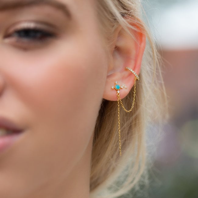 Beadle Goldplated turquoise steen oorbellen met earcuff