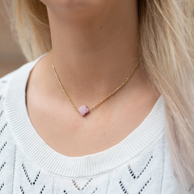 Day & Eve  Schakelketting met lichtroze klaver goud