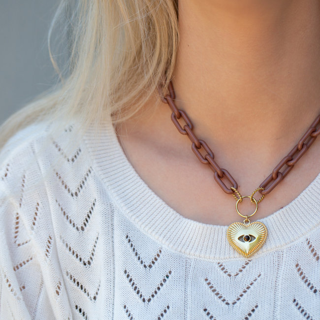 Goud met bruinegroffe schakelketting  en hart