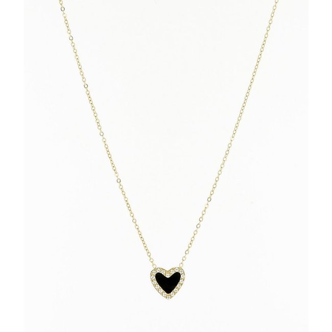 Goudkleurige ketting met zwart hart en zirkonia steentjes