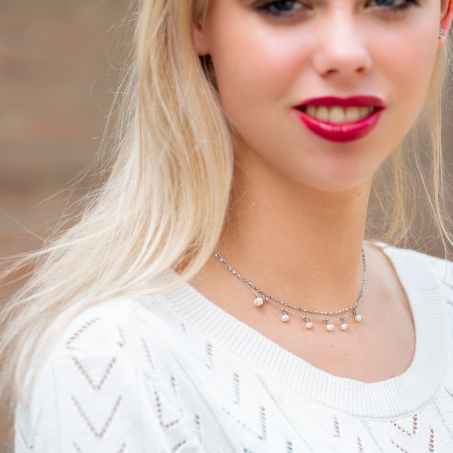 Dubbele ketting zilver met parels en fijne schakels