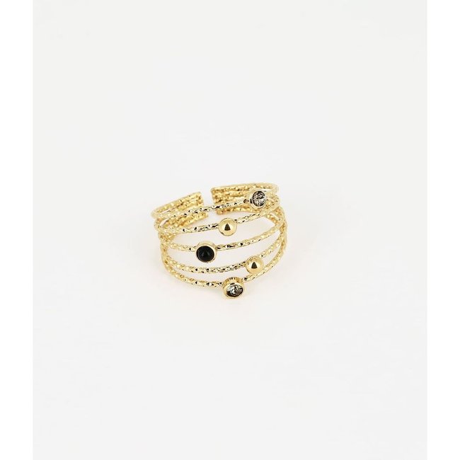 ZAG  Bijoux Dubbele ring met zwart en grijs steentje goud