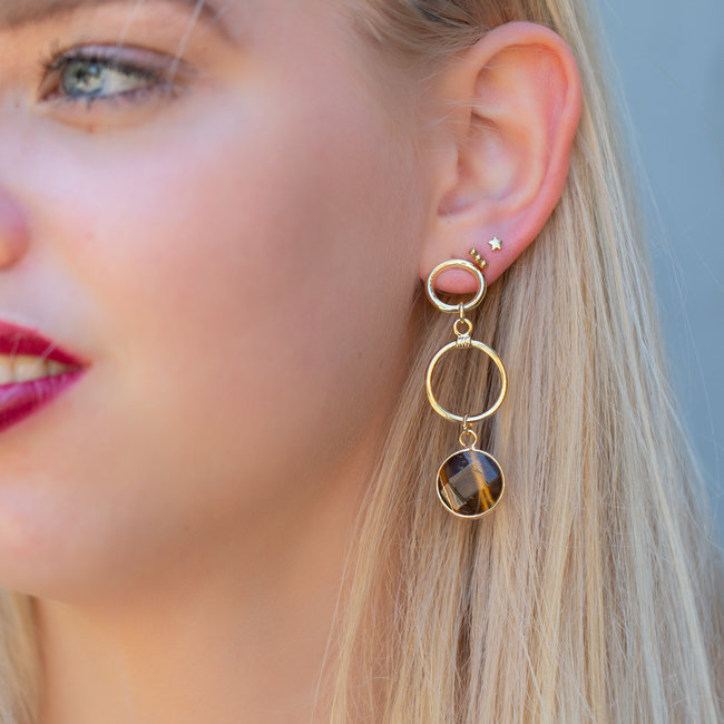 Biba Cirkel oorbellen met tijgeroog steen goudkleurig