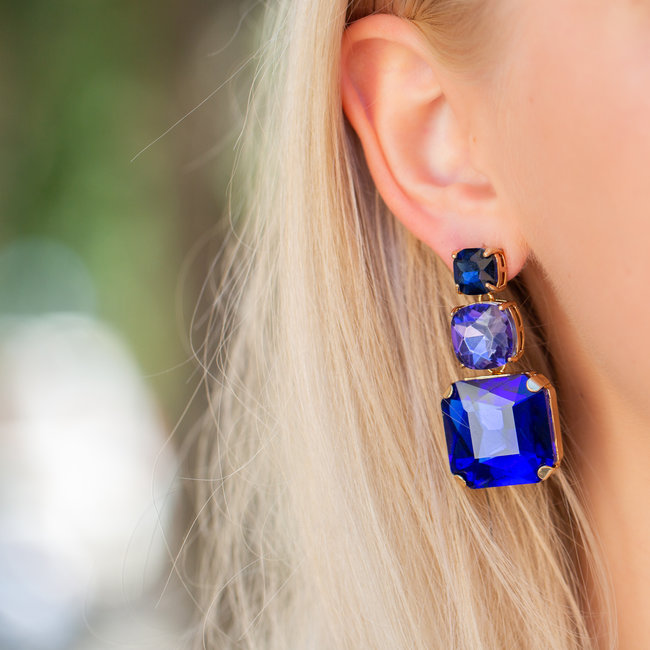 Party blauwe grote crystal oorbellen vierkant