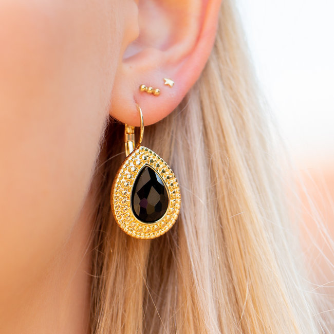 Biba Zwarte druppel vintage crystal oorbellen