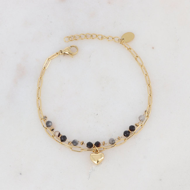 Bohm Paris Dubbele goud armband met natuurstenen en hart