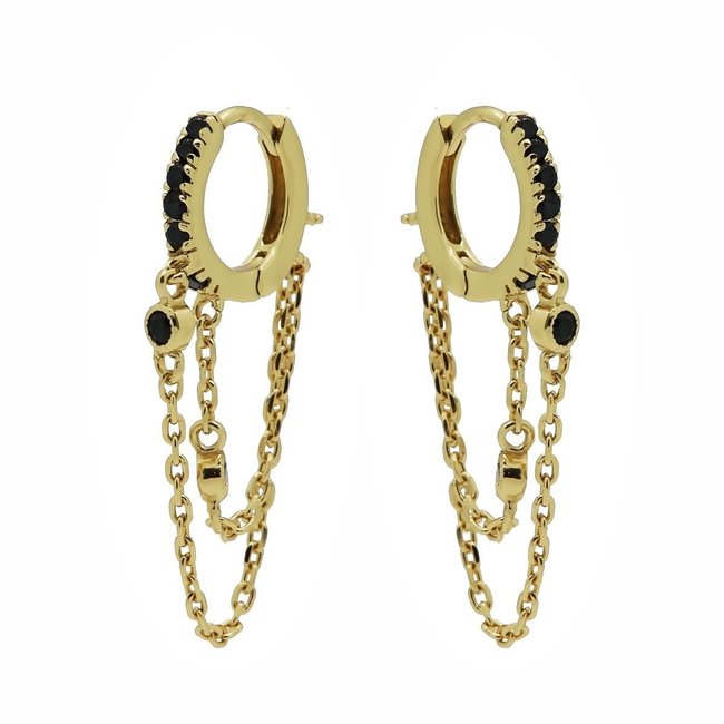 Goud oorbellen met zwarte zirconia en chain ketting