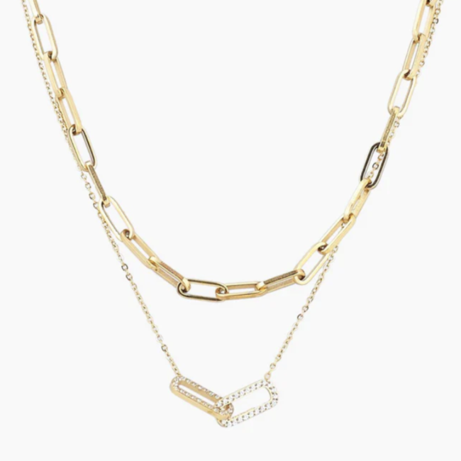 ZAG  Bijoux Dubbele goud schakelketting en zirconia link