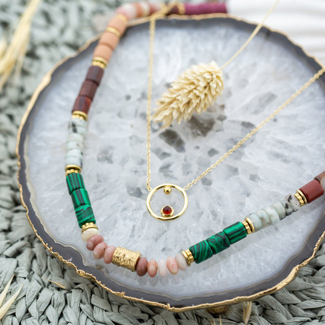 ZAG  Bijoux Ketting met groene en roze natuurstenen