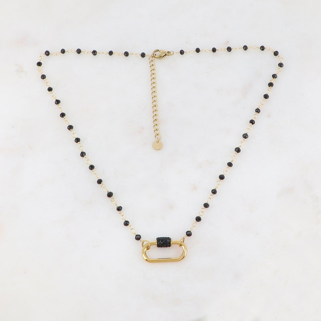 Goud ketting met ovaal hanger en zwarte strass