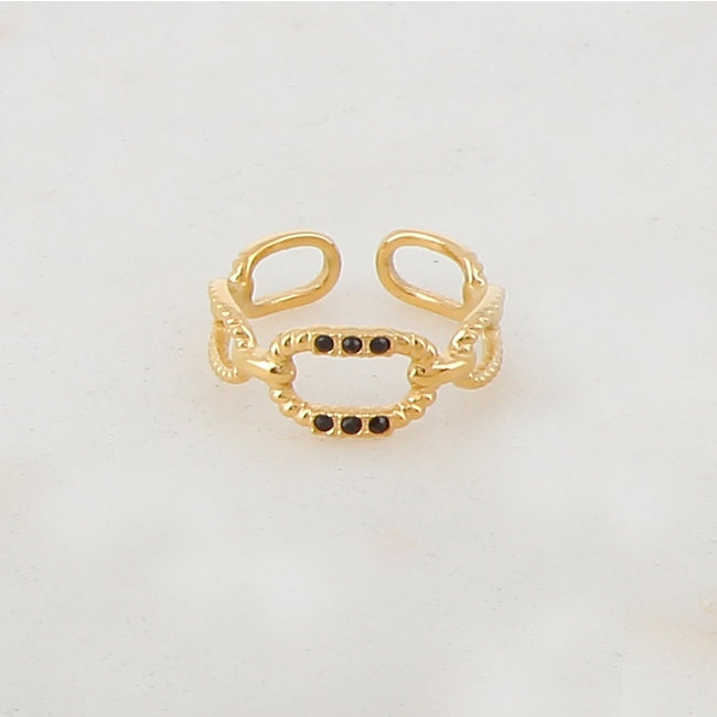Schakelring met zwarte strass