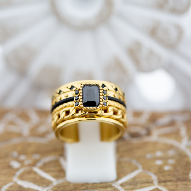 Complete ring goud schakels en zwarte steen